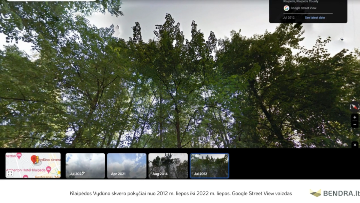 Klaipėdos Vydūno skvero pokyčiai nuo 2012 m liepos iki 2022 m liepos. Google Street View vaizdas.
